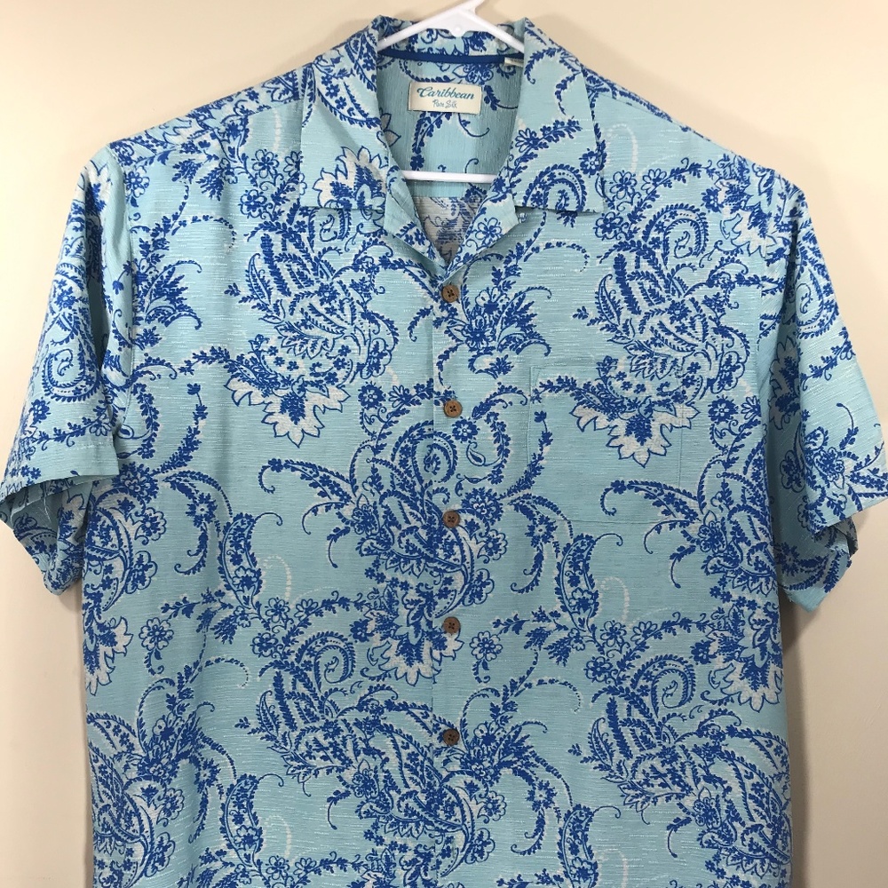 Caribbean Mens Button Up 100% Silk Size XL